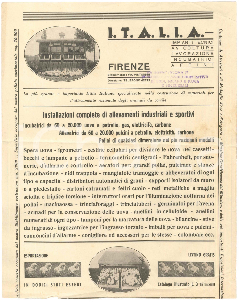1940 ca FIRENZE I.T.A.L.I.A. Avicoltura - Installazione allevamenti - Volantino