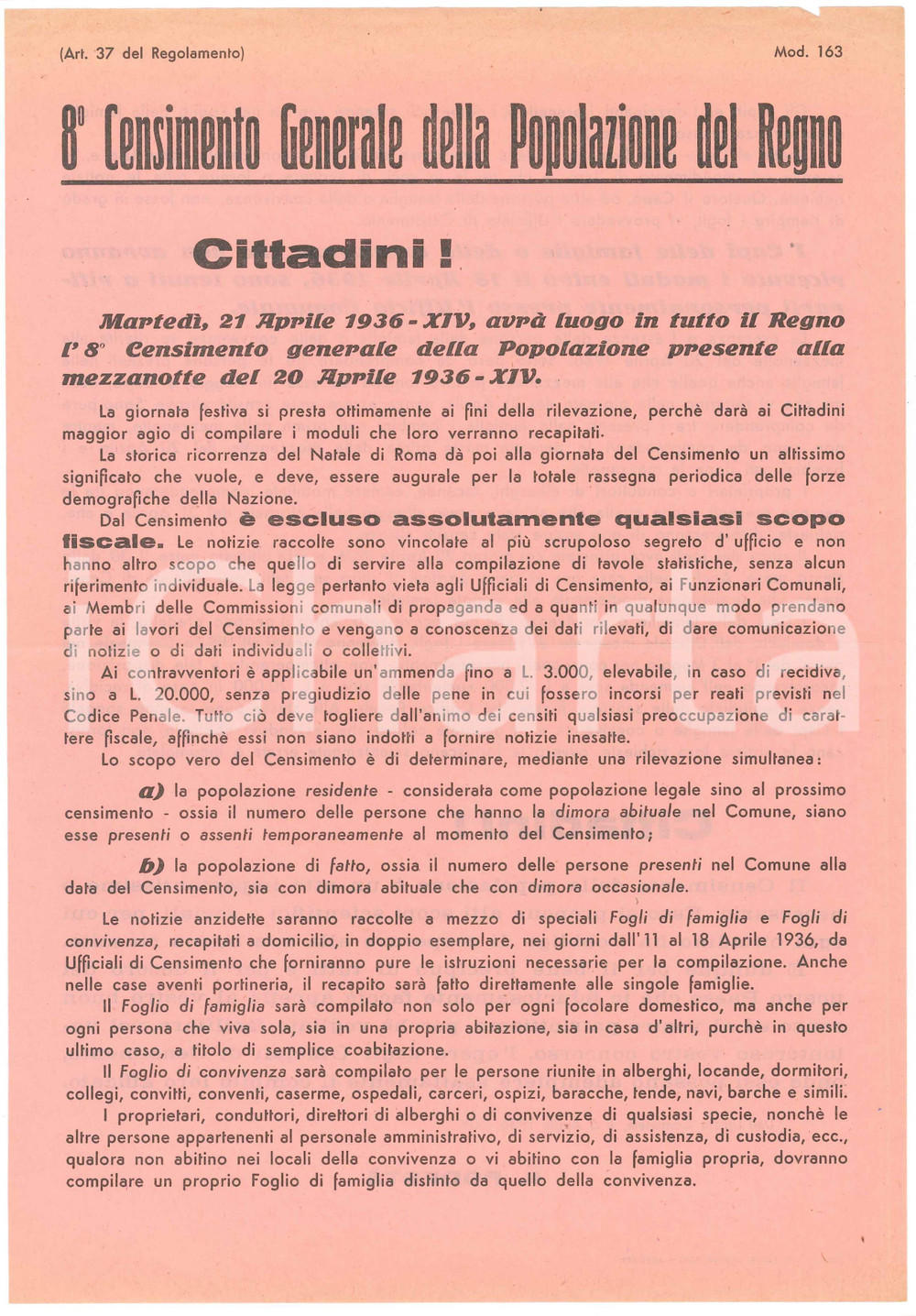 1936 ITALIA Censimento Generale della Popolazione del Regno - Volantino