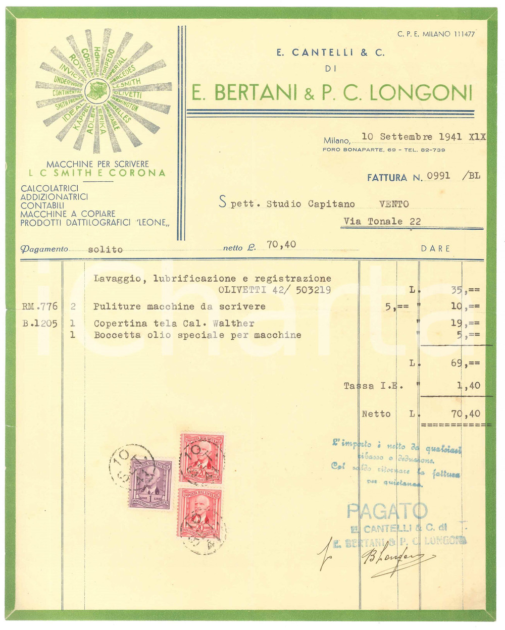 Documento originale, autentico 1941 MILANO   E. CANTELLI di E. BERTANI & P. C. LONGONI Macchine per scrivere 1