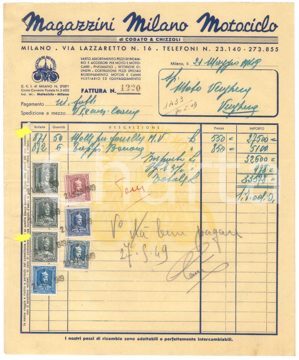 1949 MILANO Via Lazzaretto 16 - MAGAZZINI MILANO MOTOCICLO - Fattura Fattura originale d'epoca, manoscritta, su carta intestata.PAGINE: 1  FAIR/discreto piegature d'epoca; fori da classificatore  originale e autentica 1
