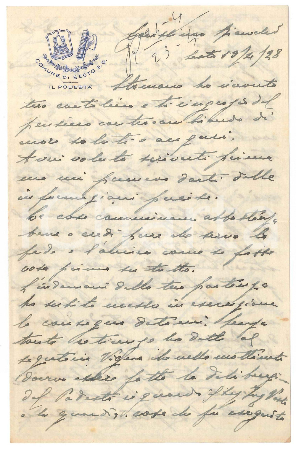 1929 SESTO SAN GIOVANNI Lettera su carta intestata - Il Podestà