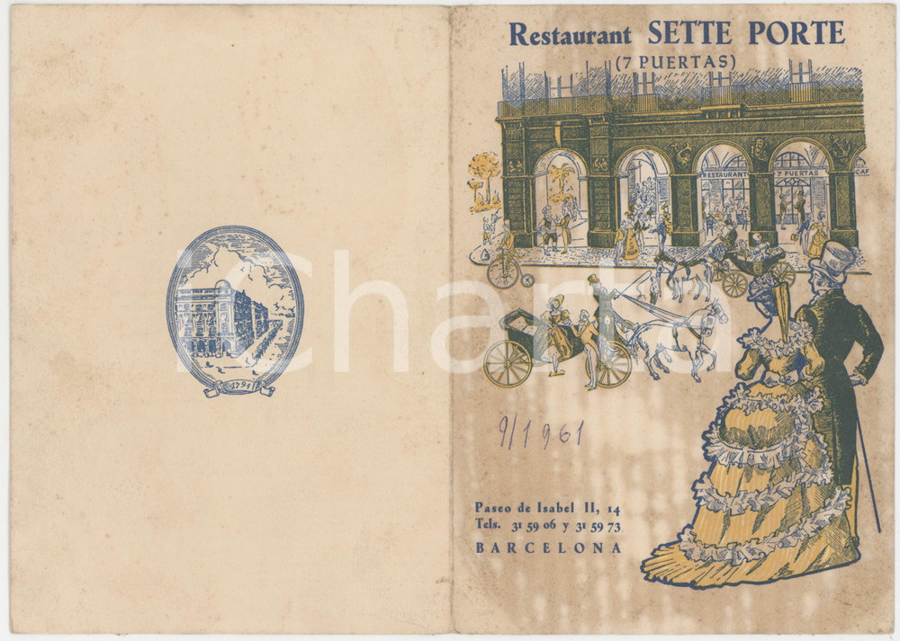 1961 BARCELONA Paseo de Isabel - Restaurant SETTE PORTE (7 PUERTAS) - Menù