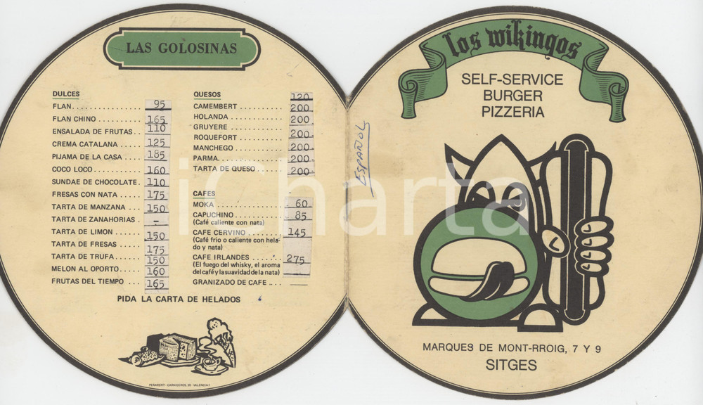 1980 ca SITGES (SPAGNA) LOS WIKINGOS Burger pizzeria - Menu español