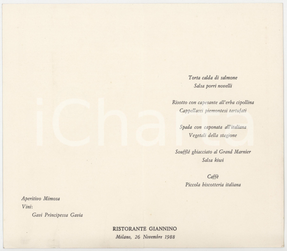 Novembre 1988 MILANO Ristorante GIANNINO - MenÃ¹ Men&ugrave; originale.PAGINE: 4 facciate FAIR/discreto lieve macchia Formato: 11x20 cm originale e autentica 1