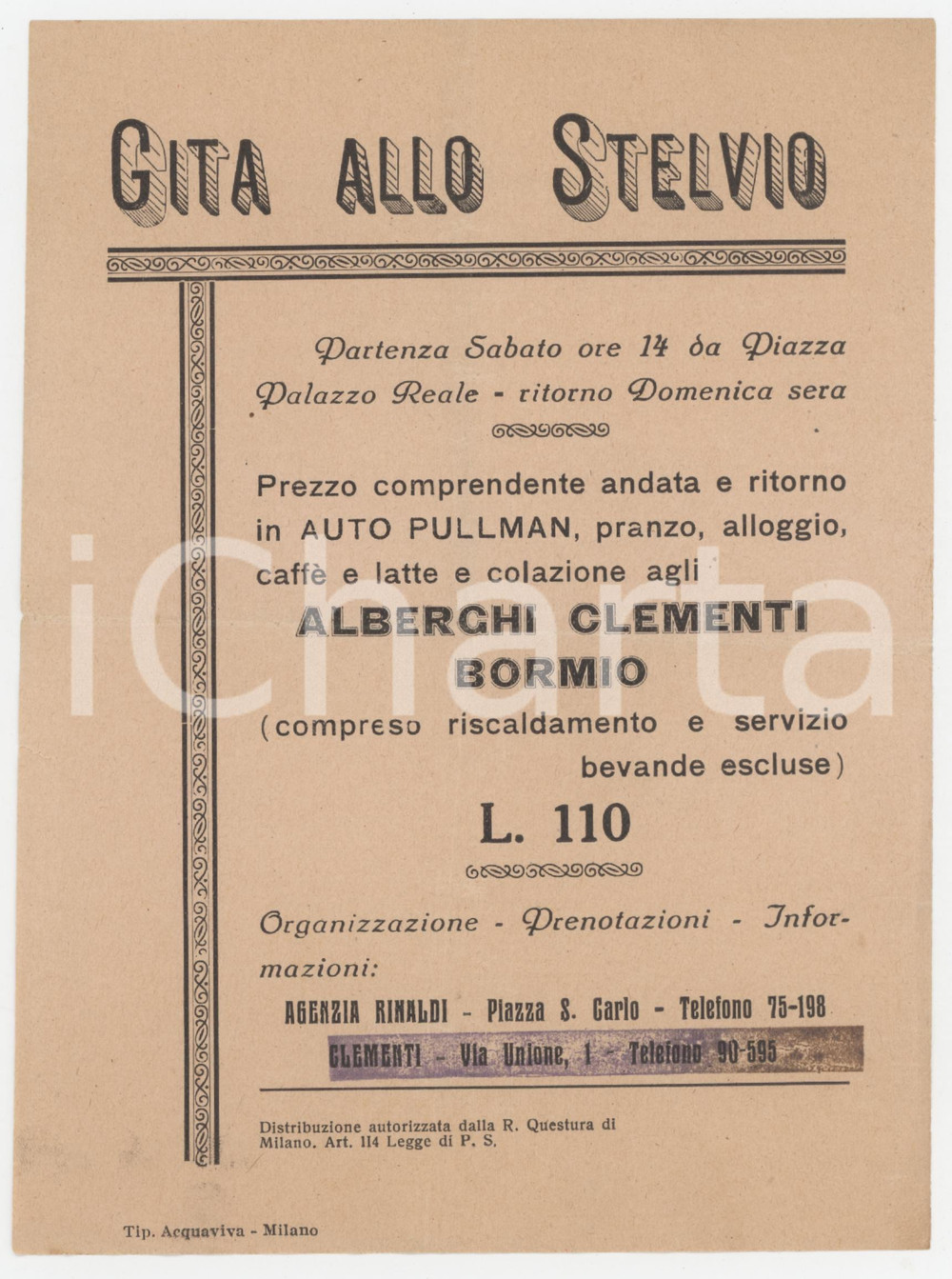1910 ca TURISMO - Gita allo STELVIO - Alberghi CLEMENTI BORMIO *Volantino