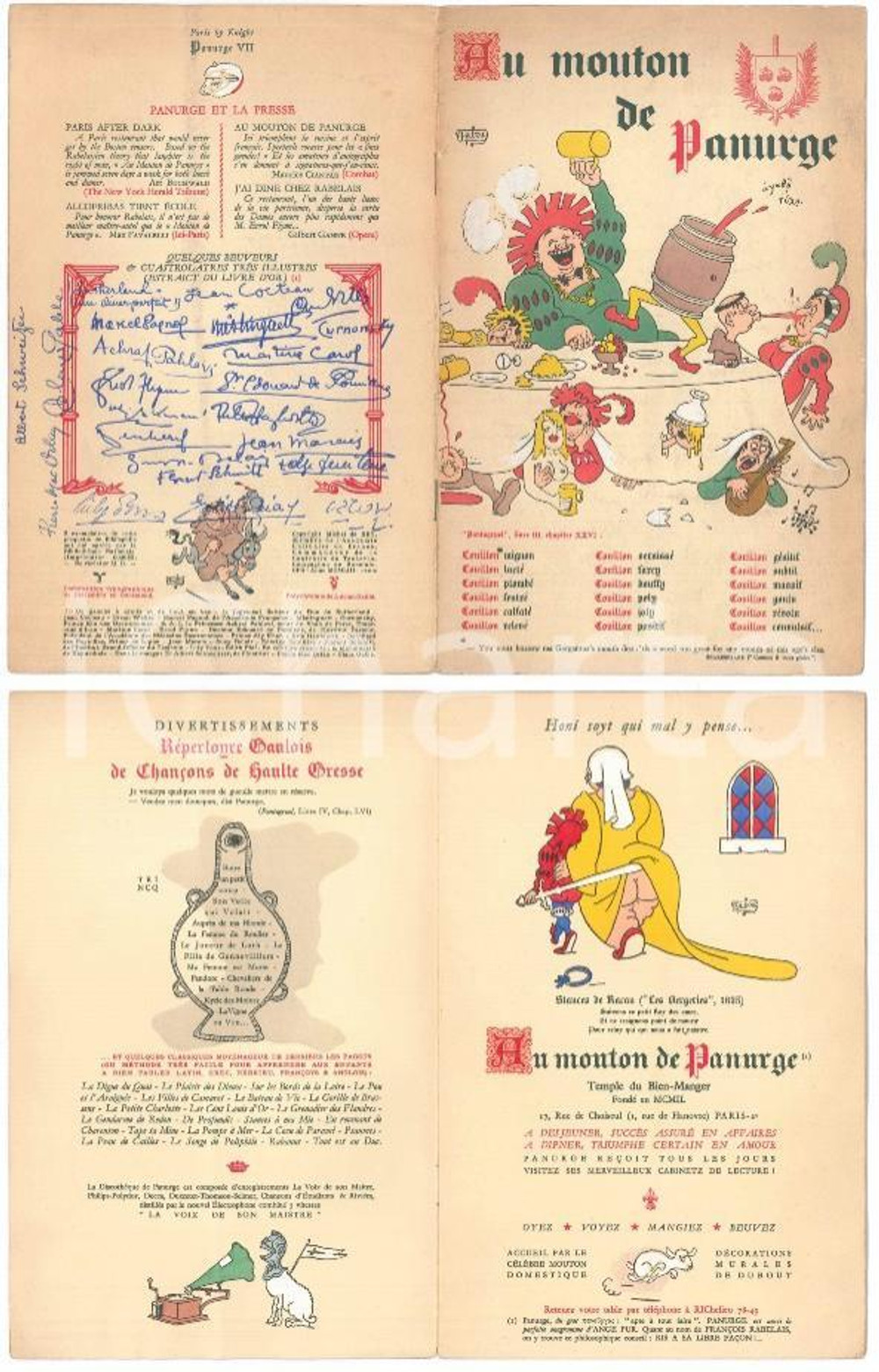 1953 PARIS Restaurant AU MOUTON DE PANURGE - Menu ILLUSTRE'