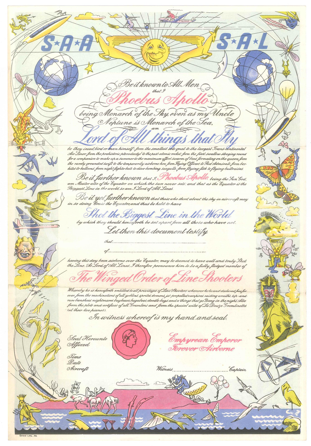 1990 ca S.A.A. - S.A.L. Airlines PHOEBUS APOLLO Monarch of the Sky *Advertising