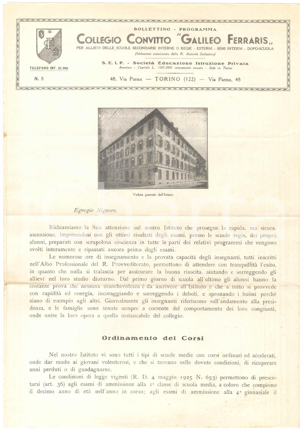 1933 TORINO Collegio Convitto GALILEO FERRARIS - Bollettino-programma