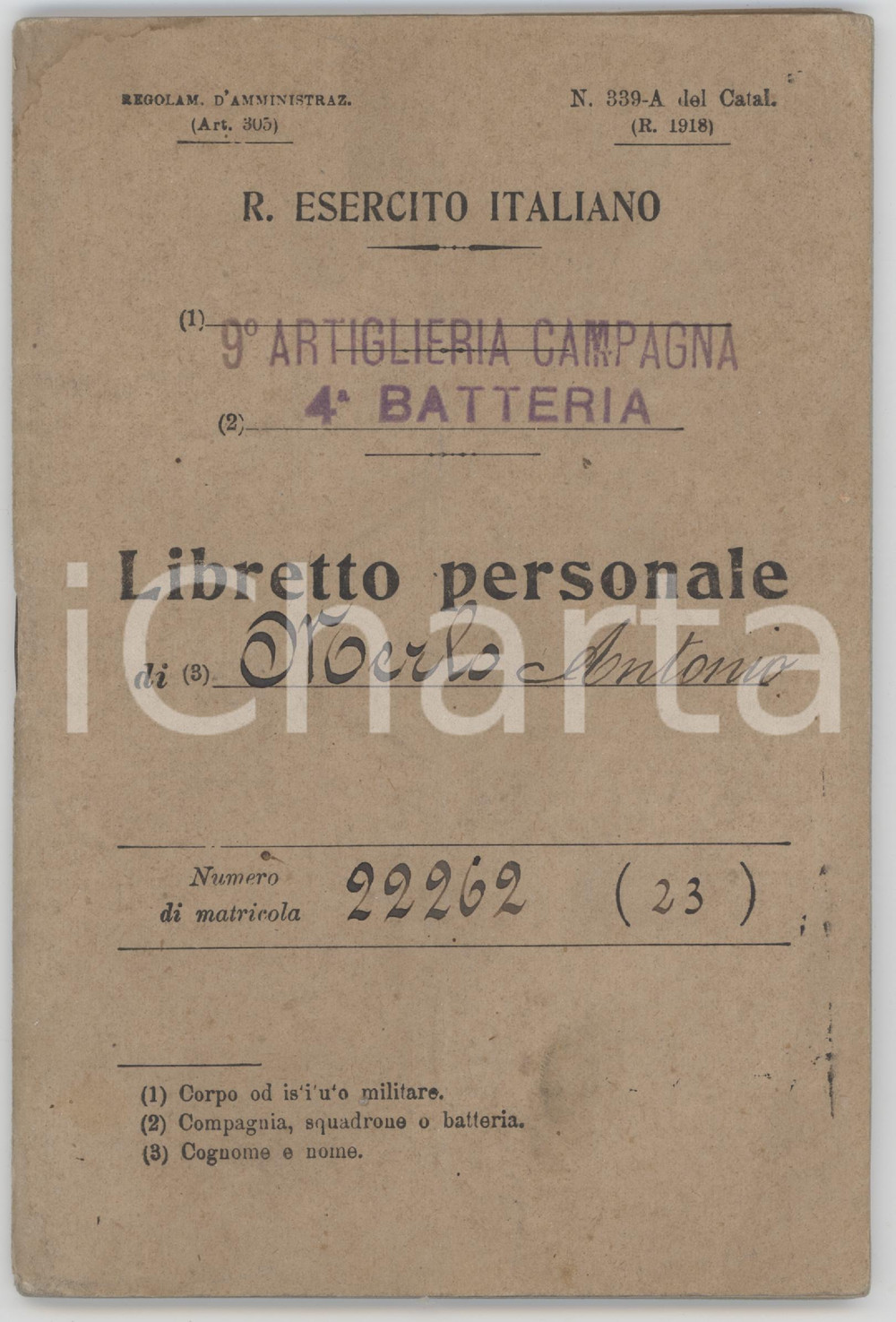 1924 REGIO ESERCITO 9°Reggimento Artiglieria Campagna - Libretto Antonio MERLO