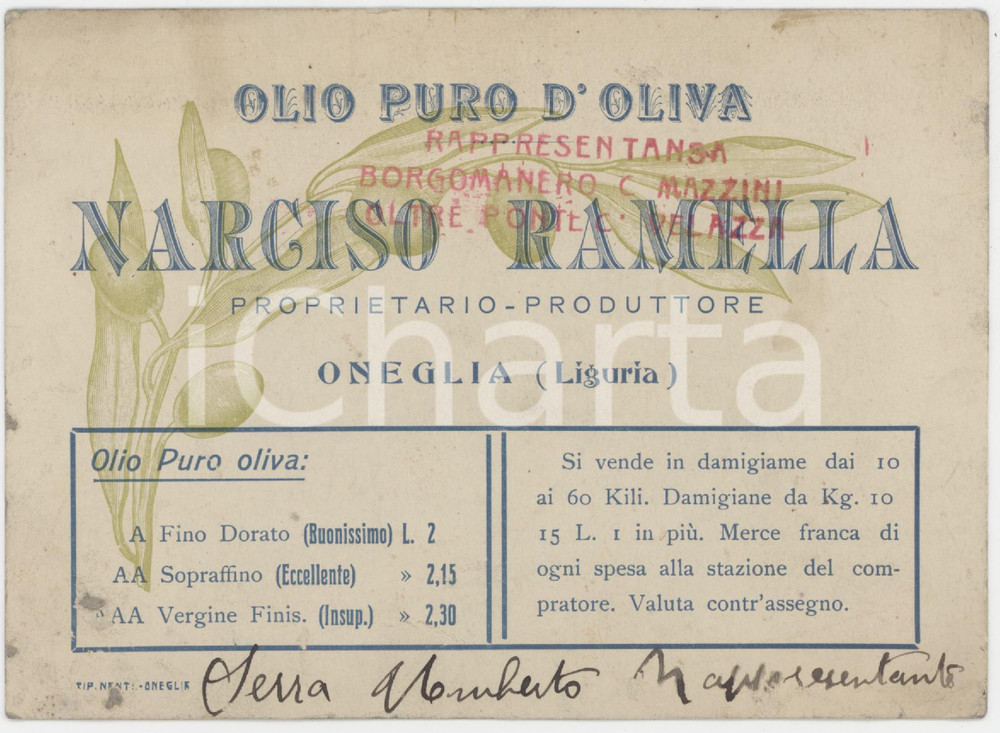 Materiale pubblicitario d’epoca 1950 ca ONEGLIA  Narciso RAMELLA olio d oliva  Cartoncino listino prezzi 1