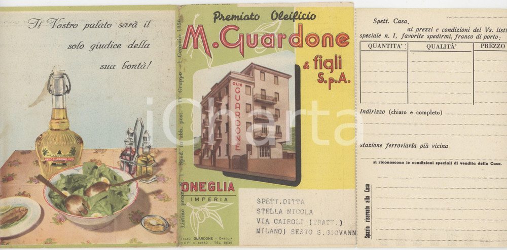 1956 IMPERIA ONEGLIA Oleificio M. GUARDONE *Pieghevole con listino prezzi
