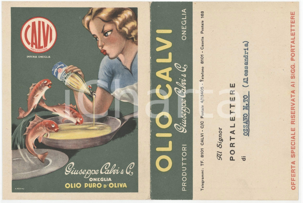 1958 ONEGLIA - Giuseppe CALVI olio d'oliva - Biglietto listino prezzi