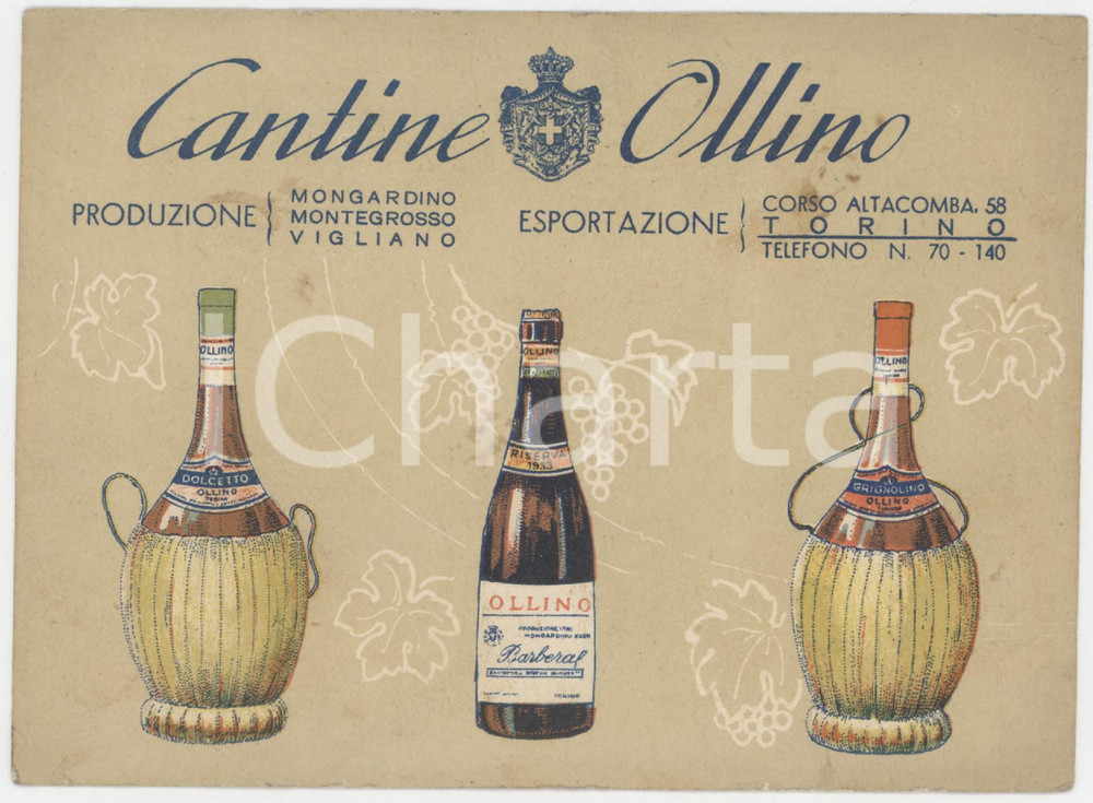 1940 ca TORINO Cantine OLLINO - Cartoncino pubblicitario con listino prezzi