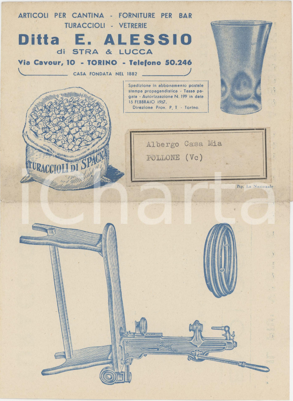 Materiale pubblicitario d’epoca 1957 TORINO Ditta E. ALESSIO Articoli per cantina  Pieghevole pubblicitario 1