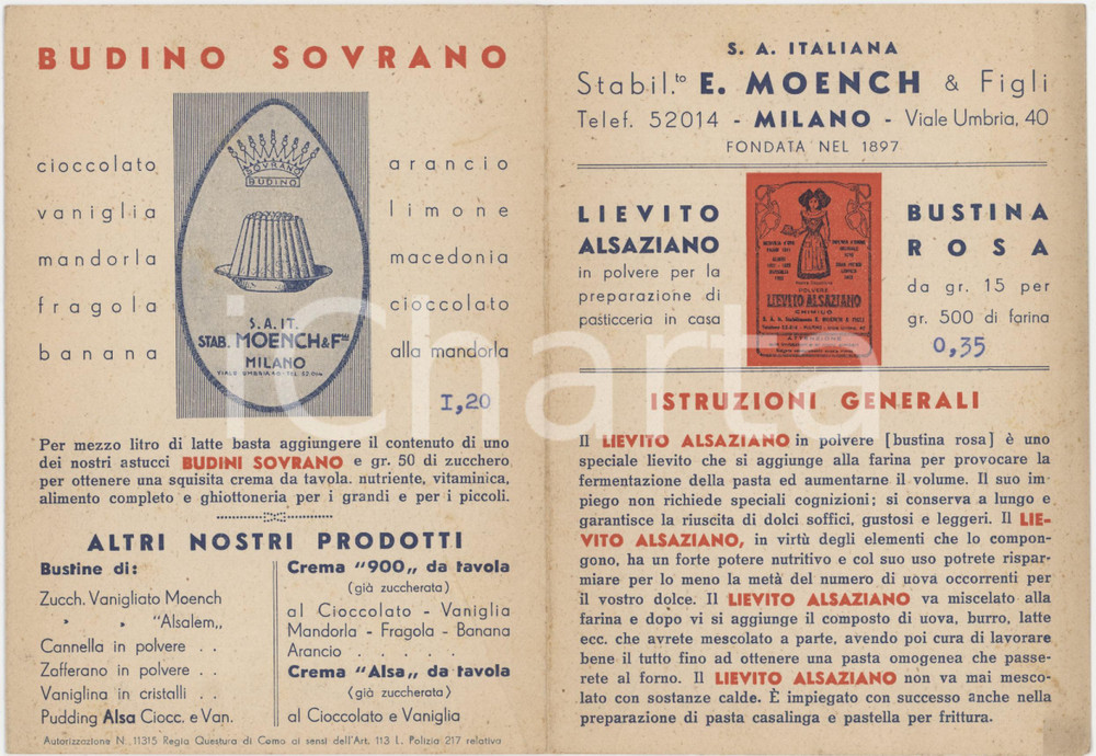 1935 ca MILANO - E. MOENCH - Lievito alsaziano - Pieghevole con ricette