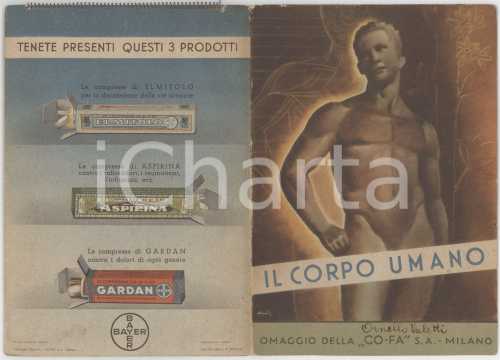 1940 MILANO CO-FA Il corpo umano - Pieghevole pubblicitario ill. POMI