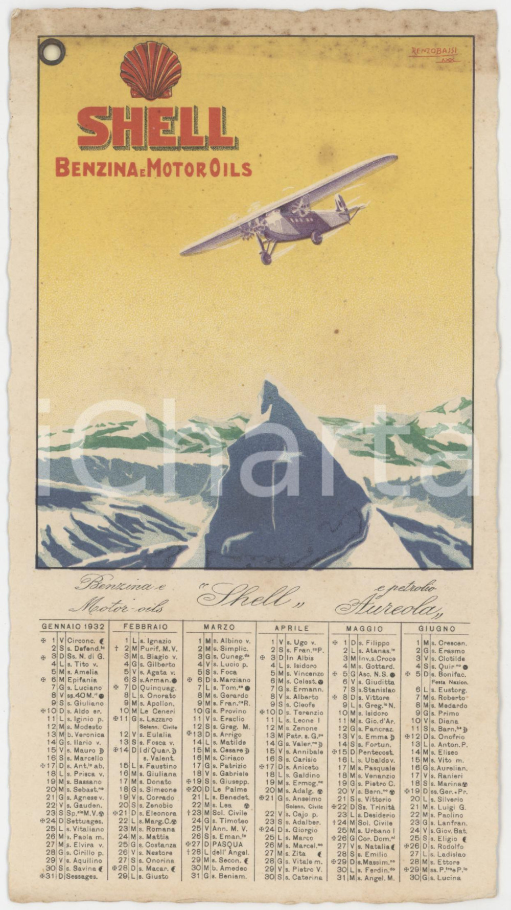 Oggetto da collezione cartaceo 1932 SHELL Benzina e Motor Oils  Calendario ill. Renzo BASSI 10x18 cm 1