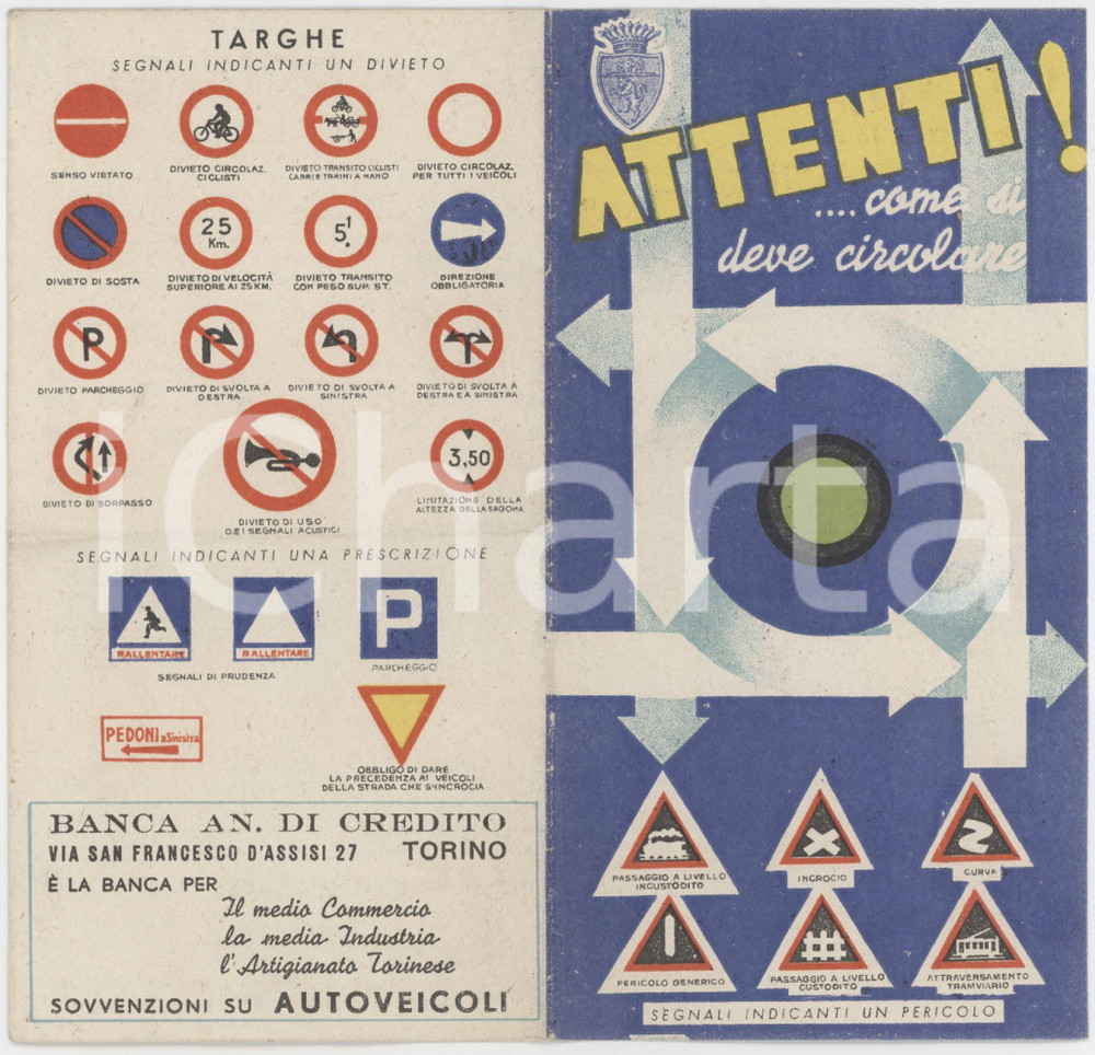 1950 ca Città di TORINO - Norme di circolazione stradale *Pieghevole VINTAGE
