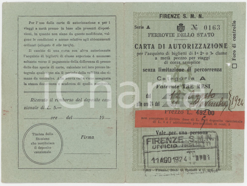 1924 FIRENZE FERROVIE DELLO STATO Carta di autorizzazione acquisto biglietti