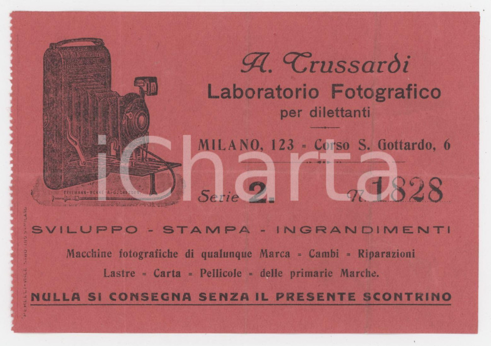 1910 ca MILANO Corso S. Gottardo A. TRUSSARDI Laboratorio fotografico *Biglietto Biglietto pubblicitario d'epoca. POOR/danneggiato piegature Formato: 12x9 cm originale e autentica 1