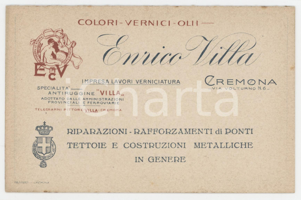 1910 ca CREMONA Enrico VILLA Vernici e olii *Biglietto pubblicitario