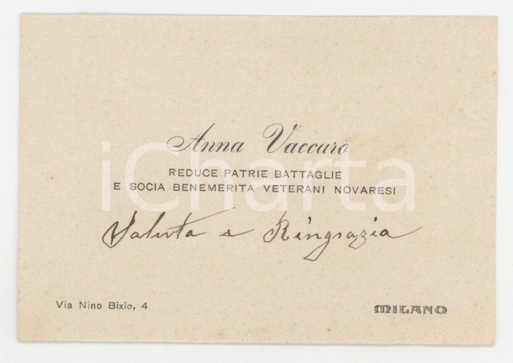1930 ca MILANO Anna VACCARO reduce - Veterani novaresi *Biglietto
