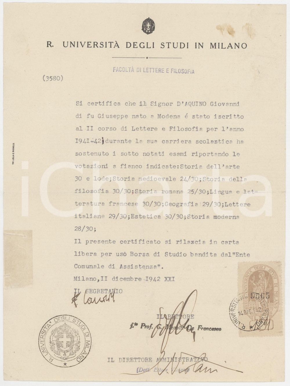 1942 MILANO Certificato Giovanni D'AQUINO *Giuseppe Menotti DE FRANCESCO