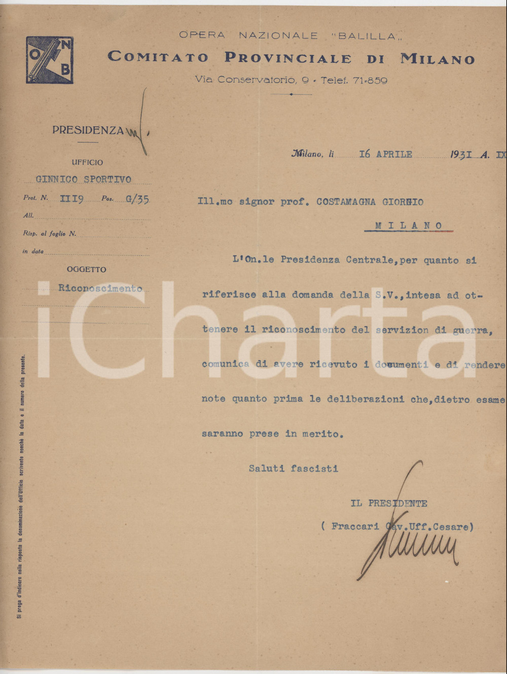 1931 ONB MILANO Ufficio Ginnico-Sportivo - Lettera per riconoscimento