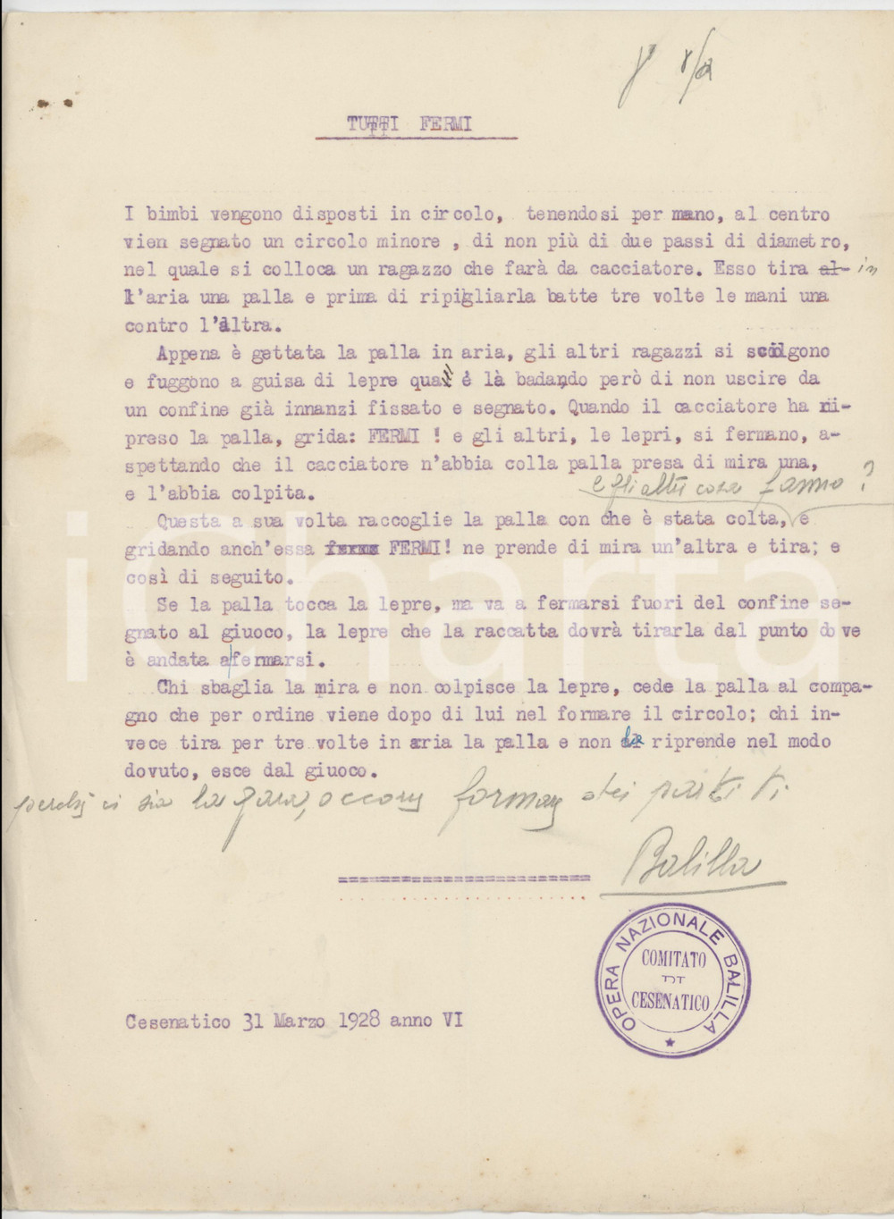 1928 ONB CESENATICO Tutti fermi! - Regolamento per gioco con la palla