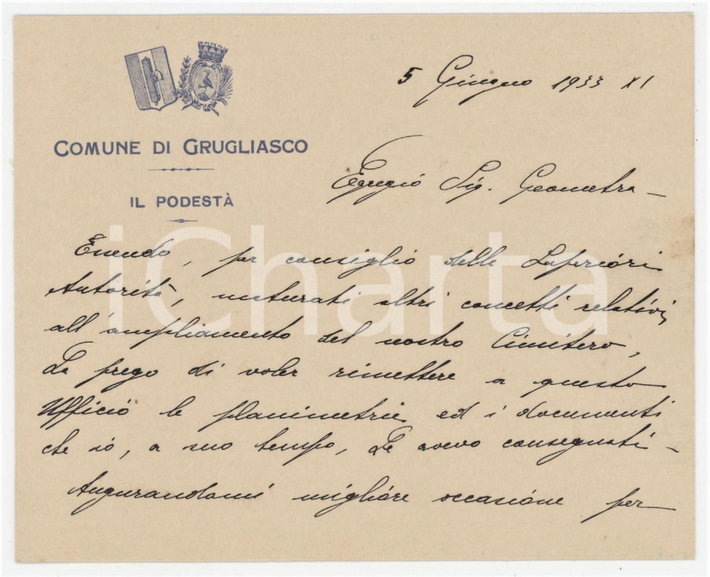 1933 GRUGLIASCO (TO) Biglietto del podestà per ampliamento cimitero *Autografo