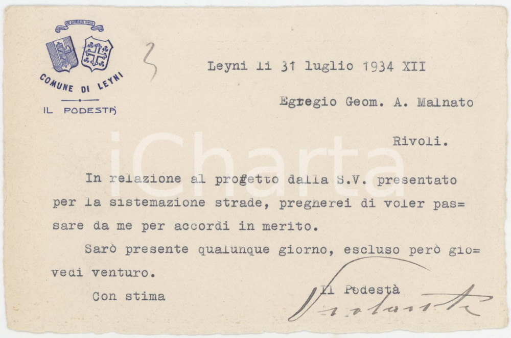1934 LEINI (TO) Biglietto gen. Guglielmo VIOLANTE podestà - Autografo
