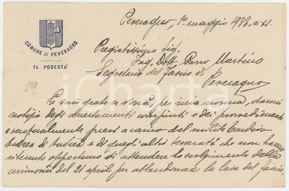 1933 PEVERAGNO (CN) Podestà Luigi PEANO contro tesserati assenti *Autografo