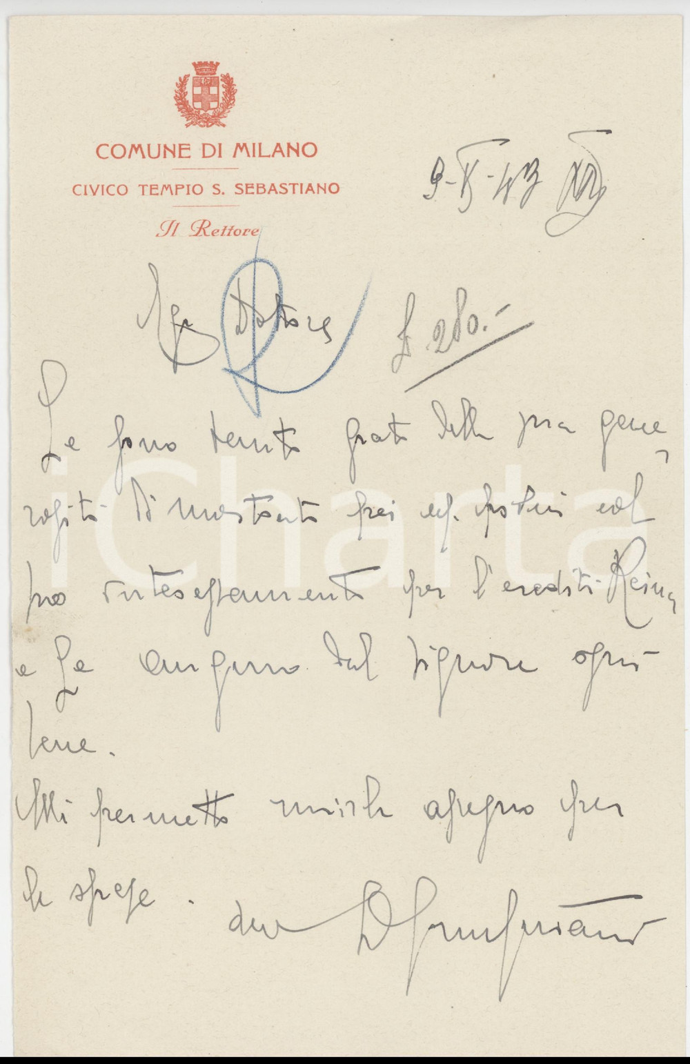 1943 MILANO Civico Tempio S. Sebastiano - Lettera del Rettore - Autografo