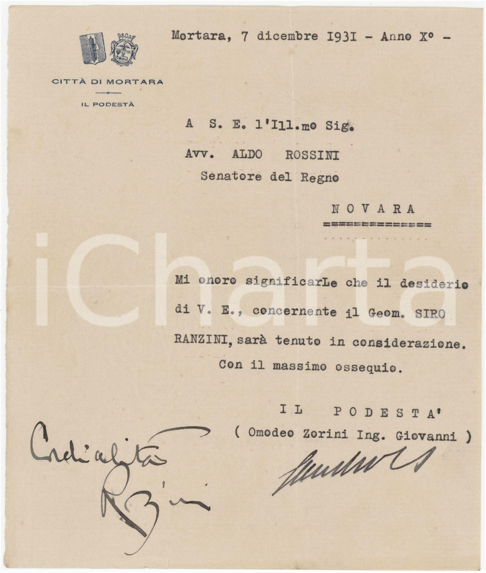 1931 MORTARA Lettera podestà Omodeo ZORINI pro Siro RANZINI - Autografo