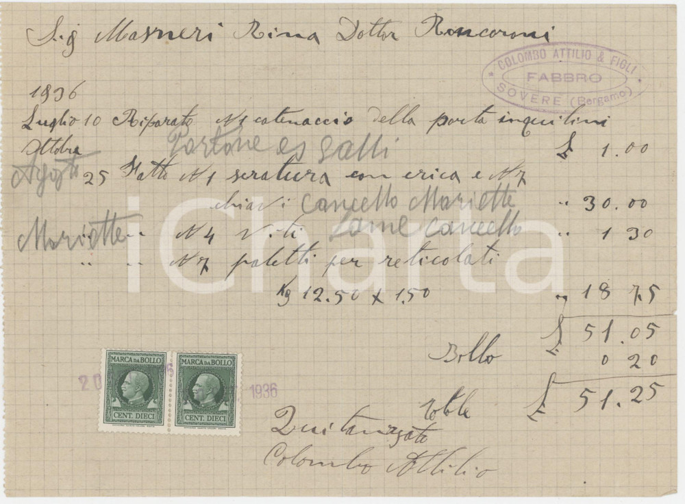 1936 SOVERE (BG) Fabbro Attilio COLOMBO - Ricevuta per lavori