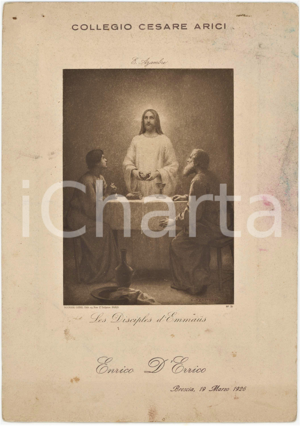 1926 BRESCIA Collegio Cesare ARICI - Stampa ricordo "Les Disciples d'Emmaus"
