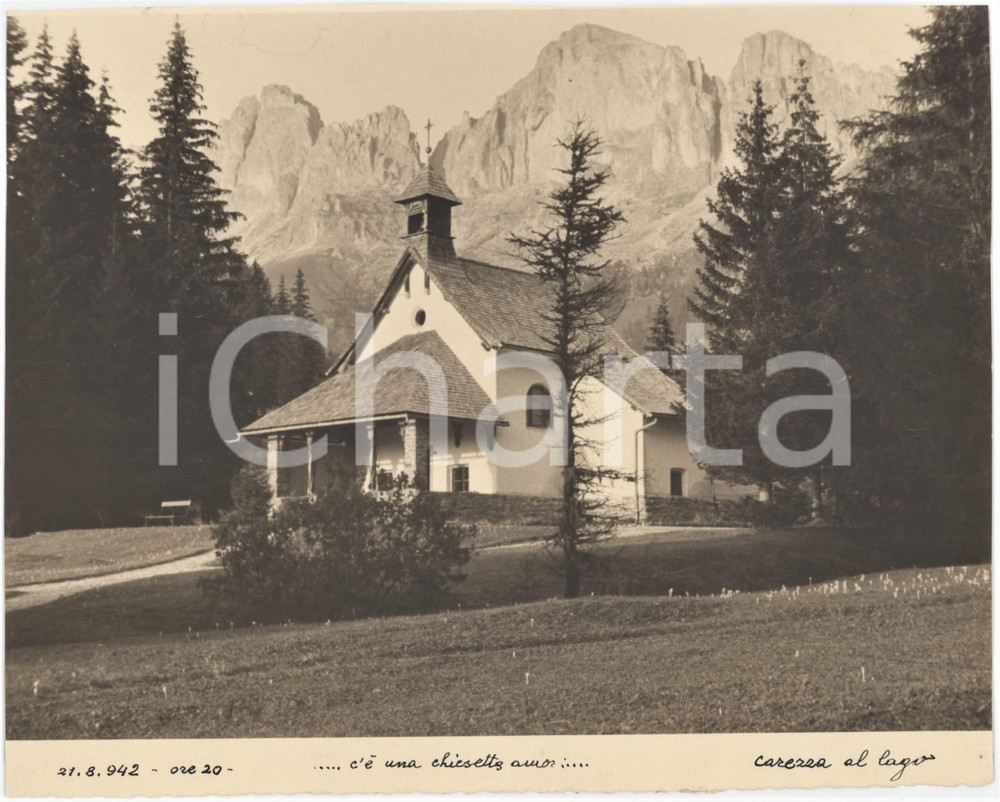 1942 ALTO ADIGE - LAGO DI CAREZZA Panorama con chiesetta - Foto 21x17 cm