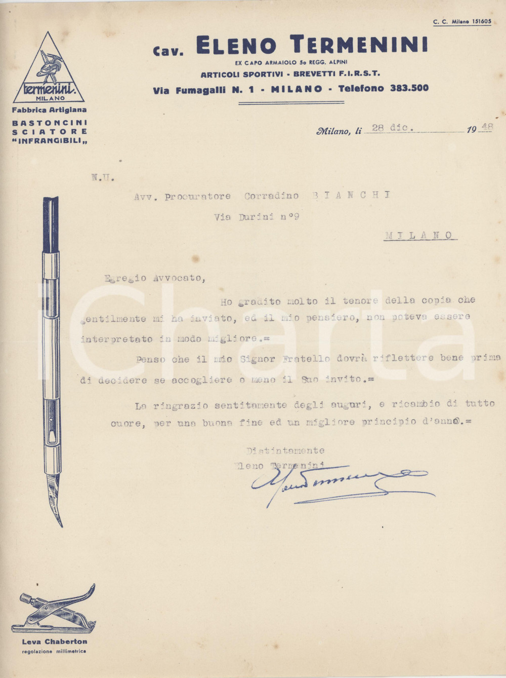 Manoscritto, lettera originale 1948 MILANO Cav. Eleno TERMENINI Fabbrica bastoncini da sci  Lettera 1