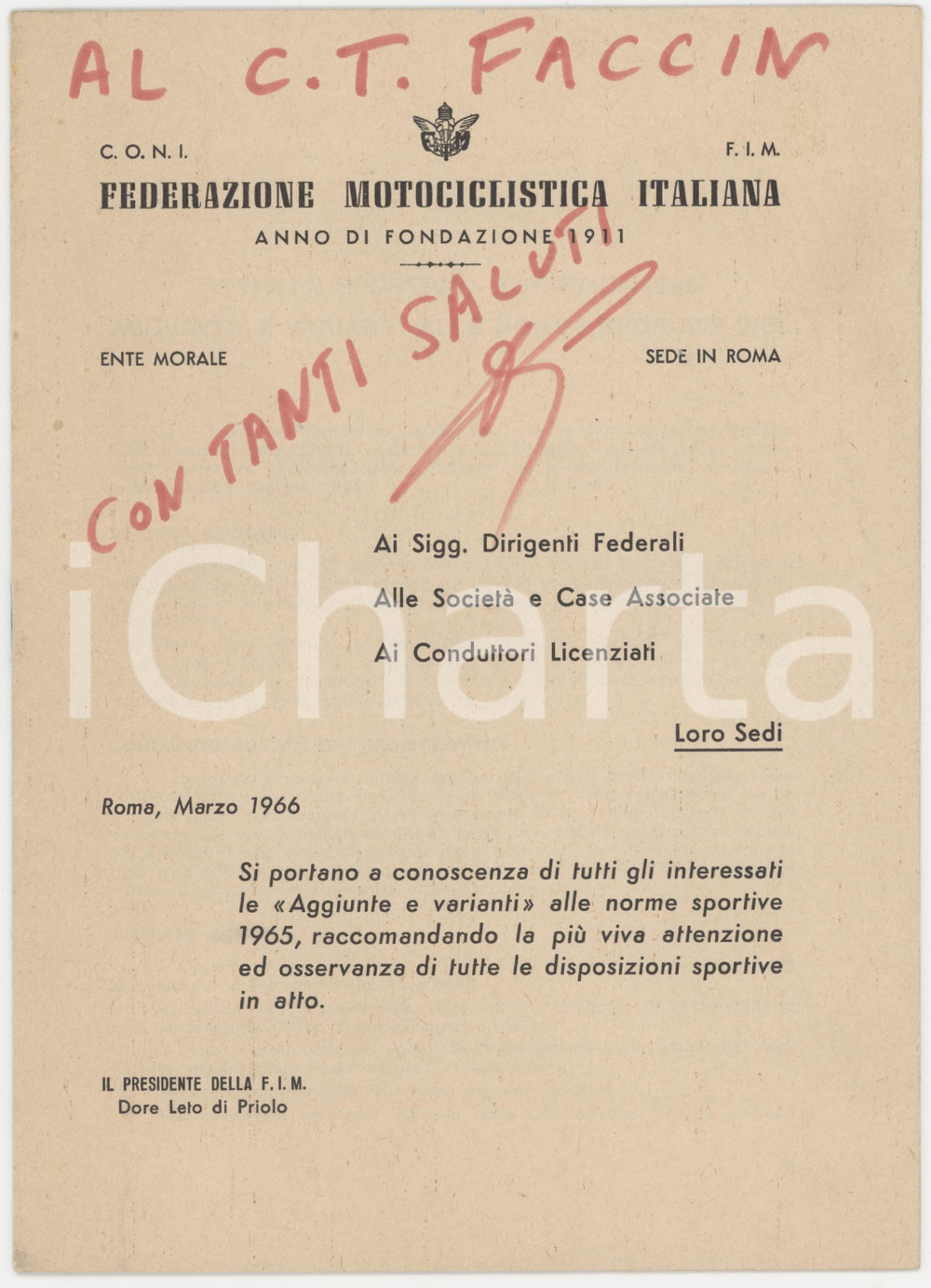 1966 ROMA CONI Federazione Motociclistica Italiana - Aggiunte a norme sportive Fascicolo a stampa, con destinatario indicato a pennarello al recto.PAGINE: 13 GOOD/buono  Formato: 15x21 cm originale e autentica 1