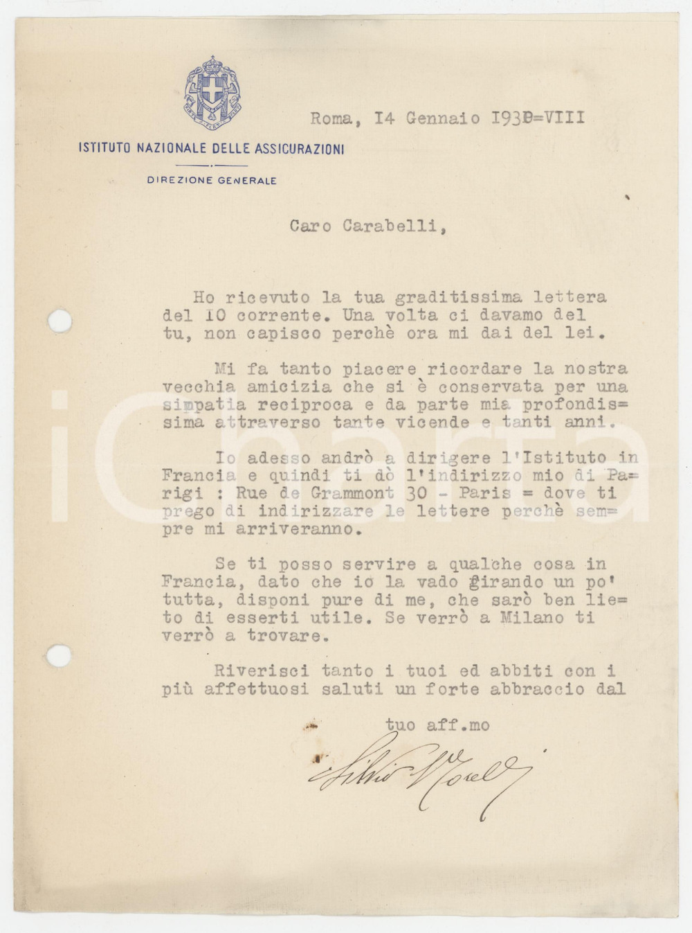 Manoscritto, lettera originale 1930 ROMA Istituto Nazionale Assicurazioni  Lettera Direzione Generale 1