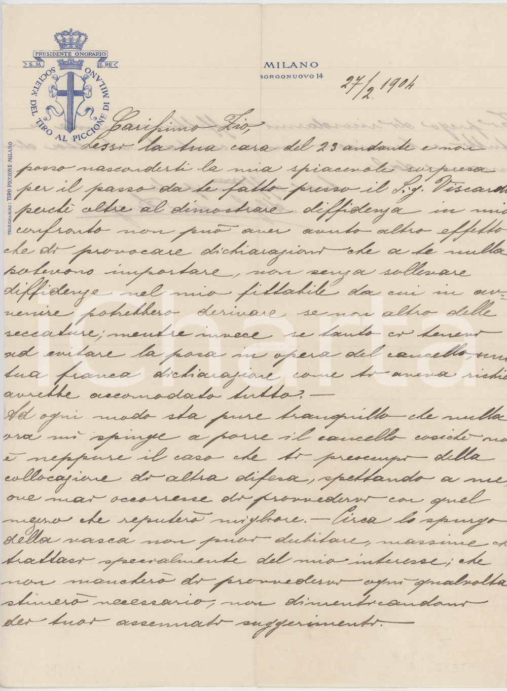 1904 MILANO Società del TIRO AL PICCIONE - Lettera Alessandro PEREGO