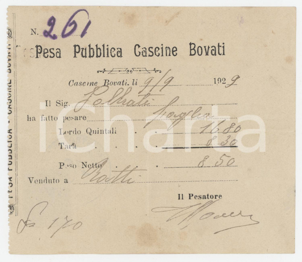 1929 CASCINE BOVATI / MONZA Ricevuta della pesa pubblica per paglia