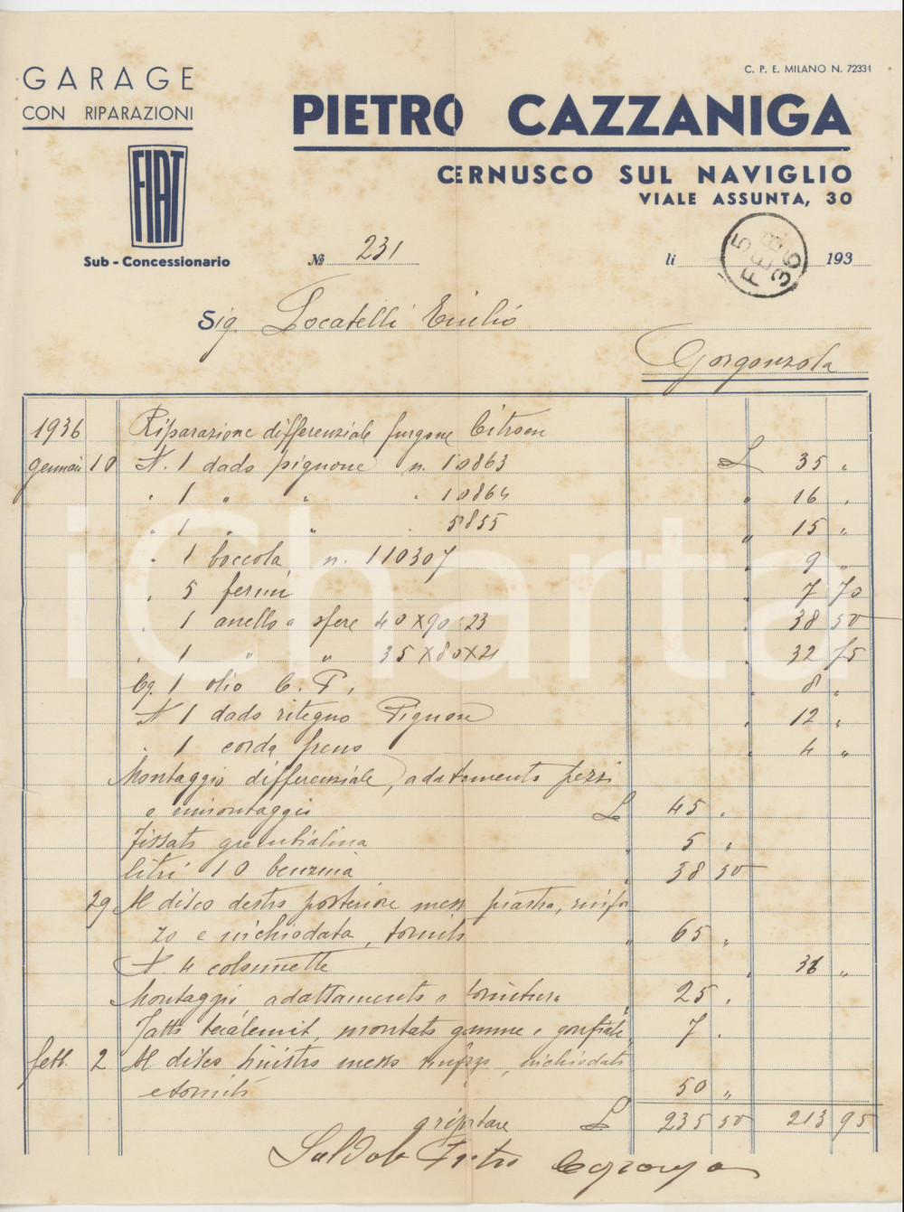 1936 CERNUSCO SUL NAVIGLIO (MI) Pietro CAZZANIGA - Garage FIAT - Fattura