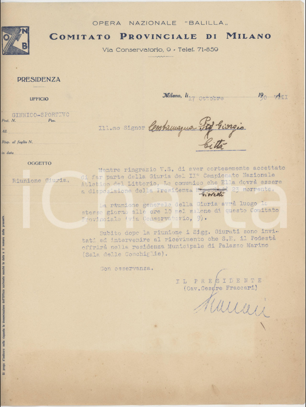 1930 ONB MILANO Riunione giuria Campionato Nazionale Atletico Littorio *Lettera