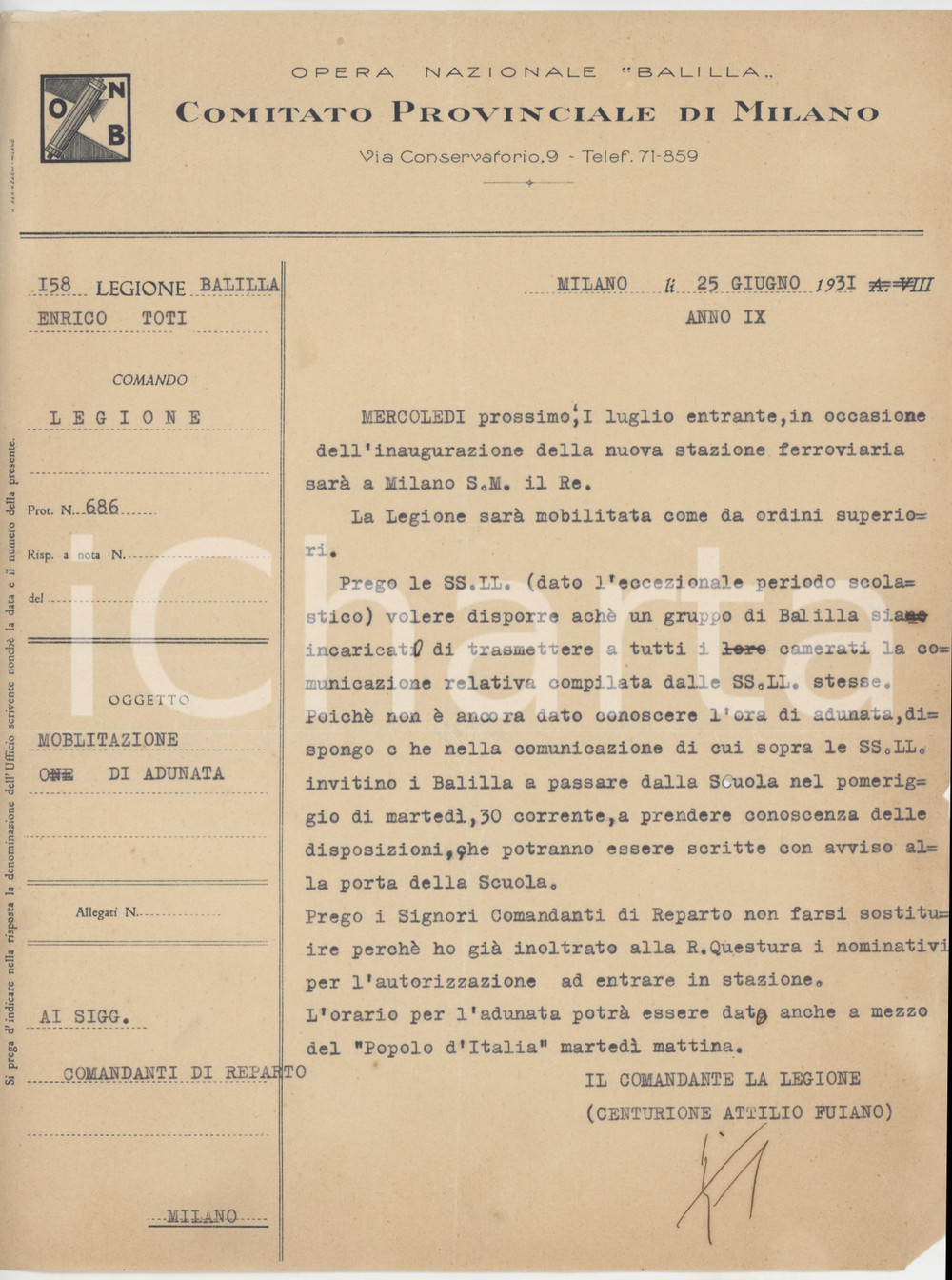 1931 ONB MILANO Legione Balilla ENRICO TOTI - Adunata per visita del Re