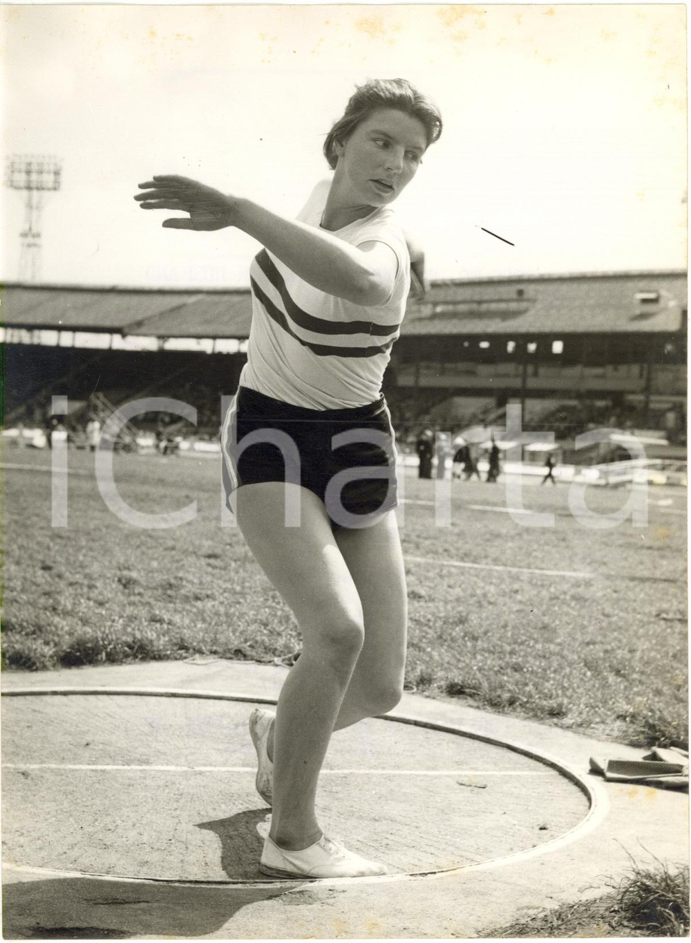 1956 INGHILTERRA ATLETICA Suzanne ALLDAY durante gara di lancio del disco *Foto