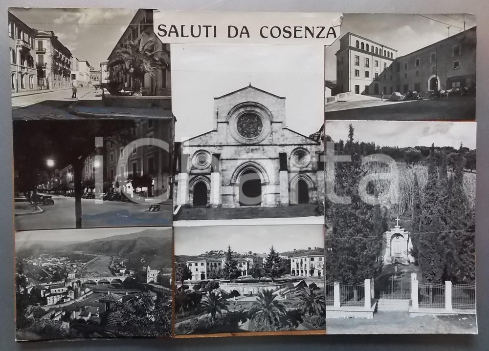 1965 ca. COSENZA Chiesa di Santa Maria Assunta *Bozzetto per cartolina 45x32 cm Bozzetto preparatorio per cartolina postale.Collage su cartone. Nelle fotografie si riconoscono anche i giardini pubblici e il ponte sul fiume Crati.    CONDIZIONI: G FORMATO: 45x32 cm    originale e autentica 1