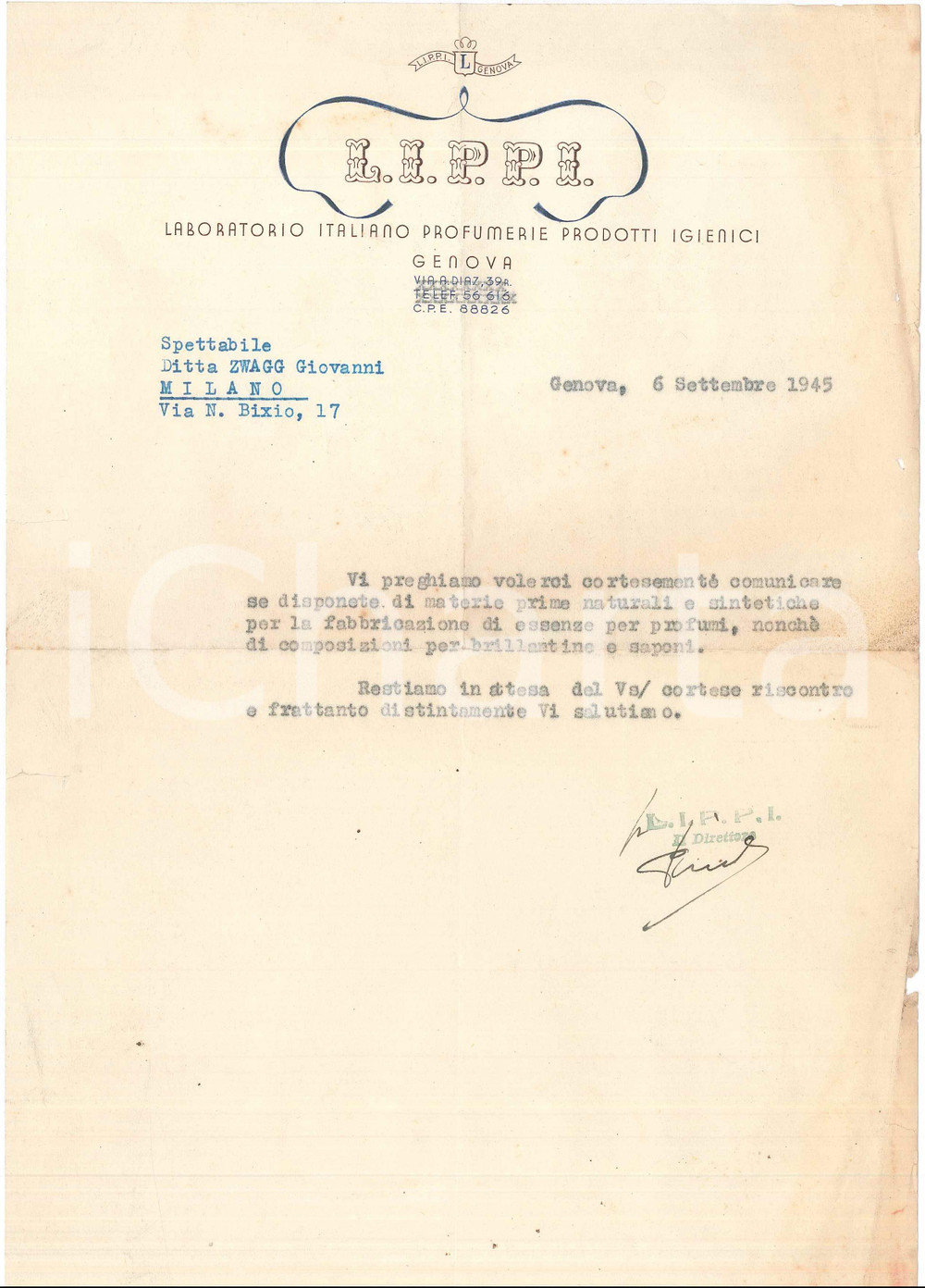 1945 GENOVA Via A. Diaz 39 - L.I.P.P.I. Profumerie Prodotti Igienici - Lettera Lettera commerciale d'epoca dattiloscritta, su carta intestata.PAGINE: 1 POOR/danneggiato piegature d'epoca; tarlature e macchia al lato destro; strappi marginali; piccole macchie Formato: 21x30 cm originale e autentica 1