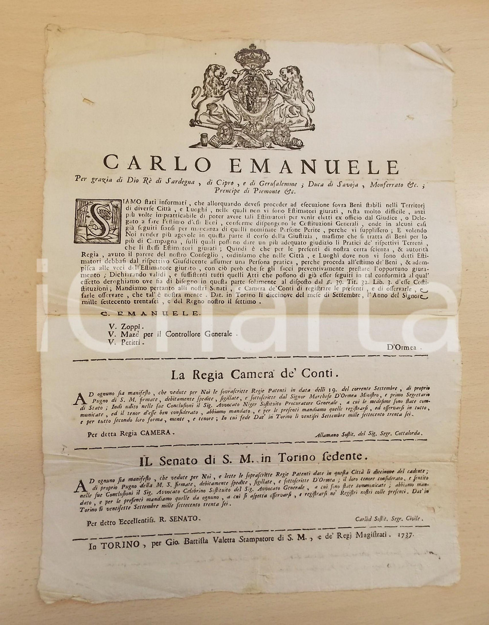 1737 TORINO Sulla nomina dei periti per i beni immobili - Manifesto 30x40 cm