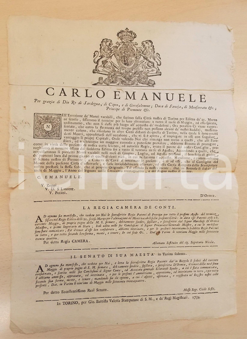 1734 REGNO DI SARDEGNA Alienazione monti vacabili - Proroga termini - Manifesto